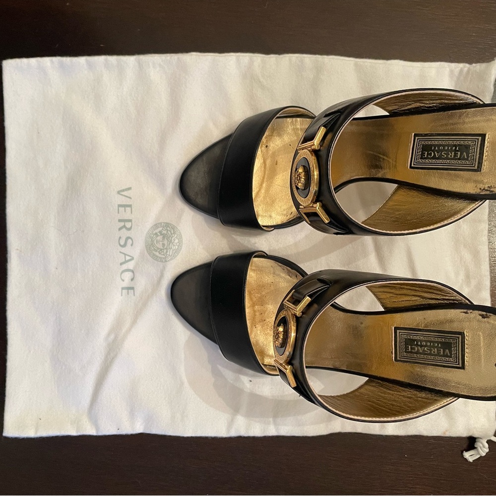 Versace tribute gold Medusa buckle high heel mules